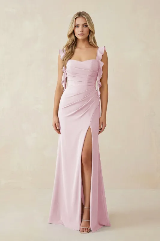 Ruffled Sleeve Ruched Sheath Chiffon Bridesmaid Dress in Candy Pink made by KissProm