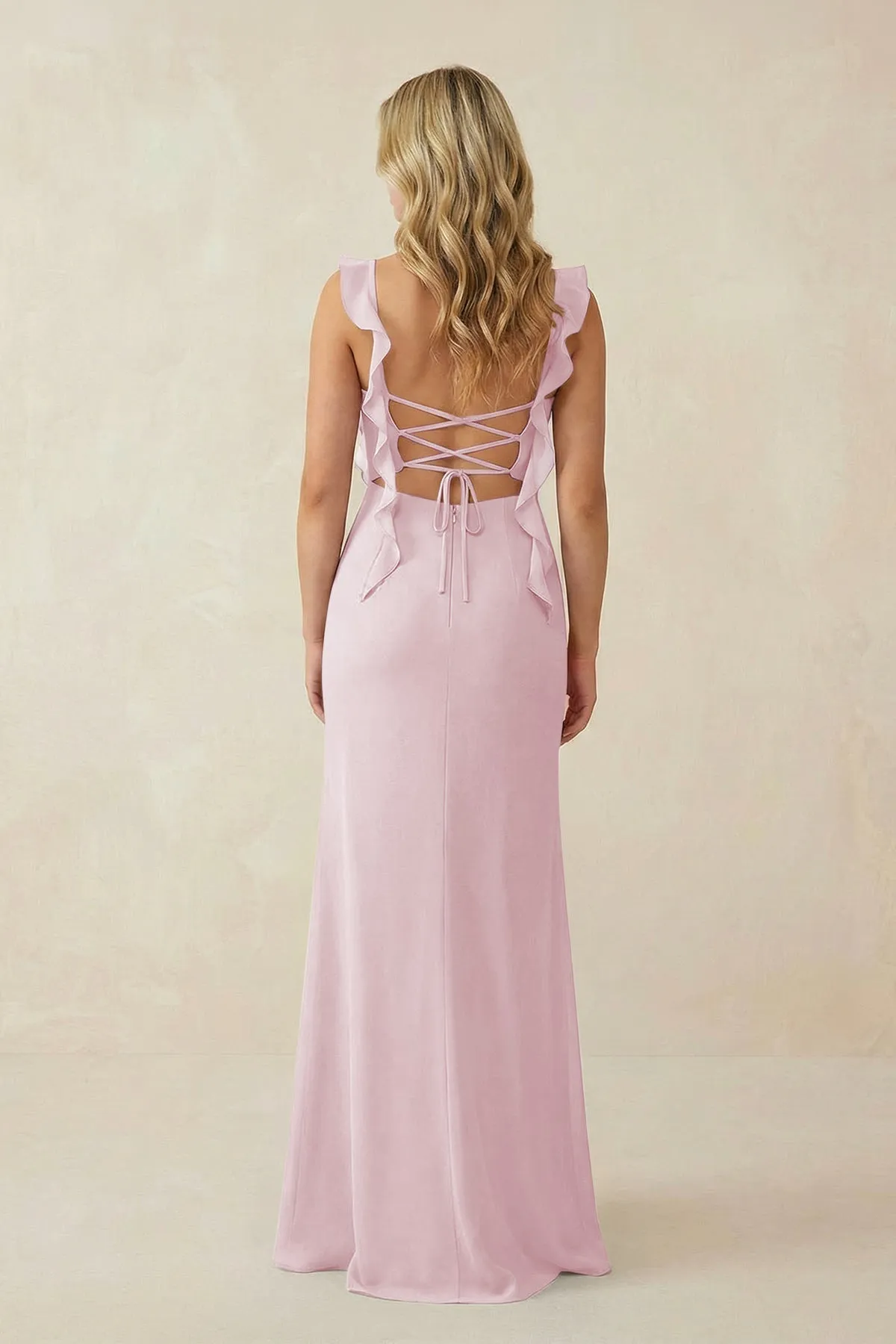Ruffled Sleeve Ruched Sheath Chiffon Bridesmaid Dress in Candy Pink sold by KissProm product image thumbnail 2