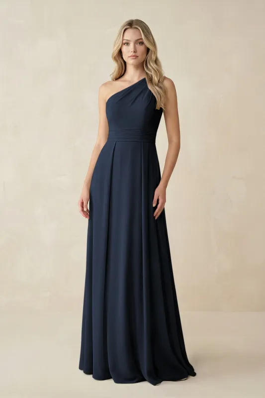 One-Shoulder A-Line Chiffon Bridesmaid Dress in Dark Navy made by KissProm