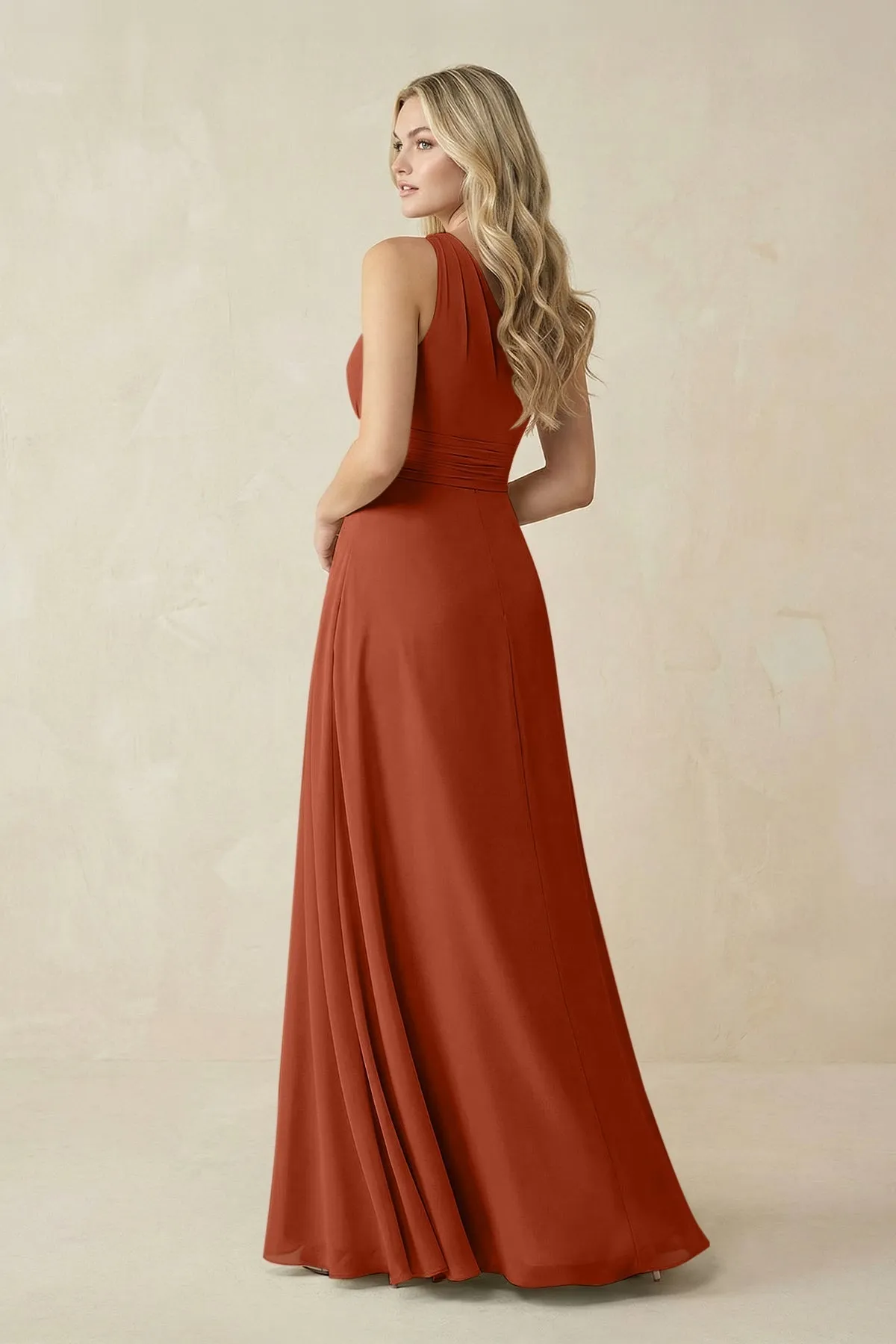 One-Shoulder A-Line Chiffon Bridesmaid Dress in Spice sold by KissProm product image thumbnail 2