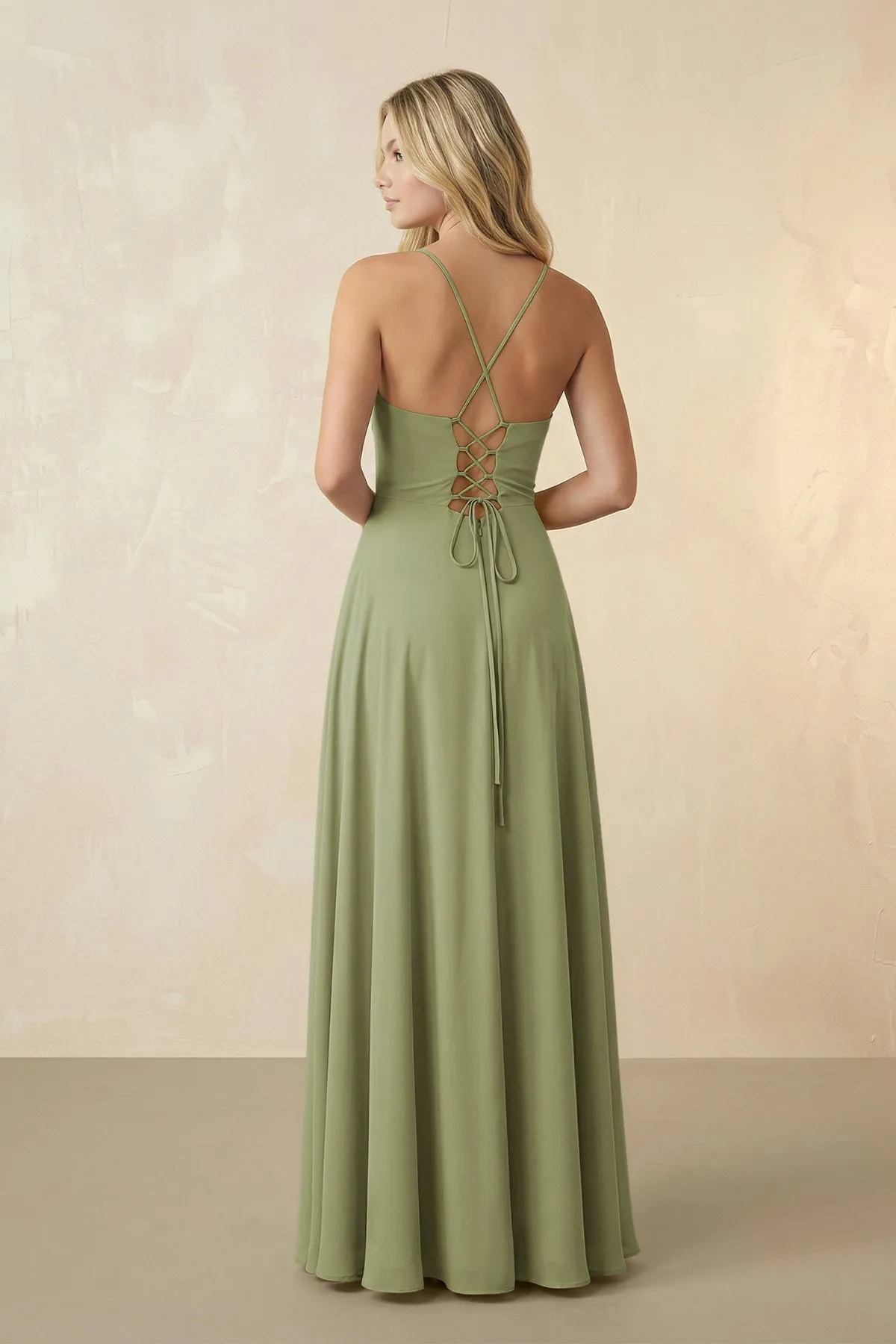 Spaghetti Straps Chiffon A-Line Bridesmaid Dress in Moss Green sold by KissProm product image thumbnail 2