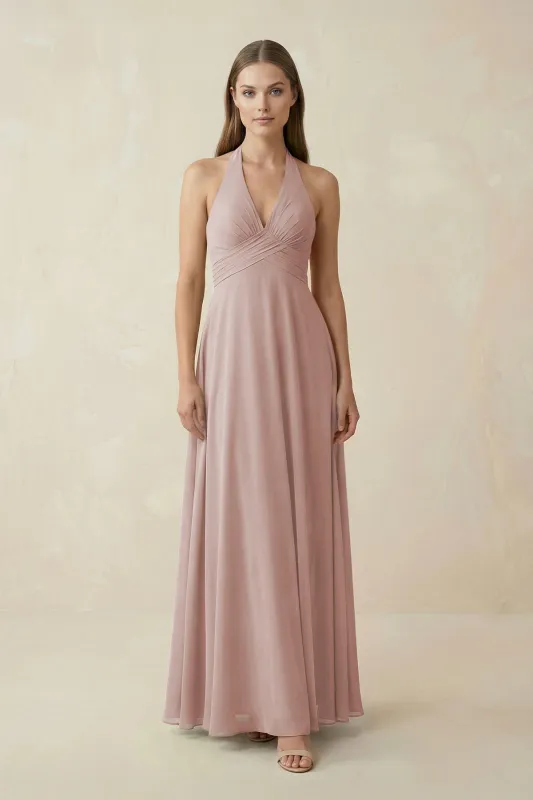 A-Line Pleated Chiffon V-Neck Bridesmaid Dress in Toffee made by KissProm