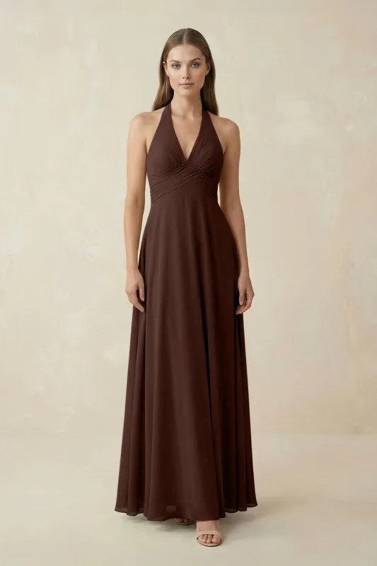A-Line Pleated Chiffon V-Neck Bridesmaid Dress in Espresso made by KissProm