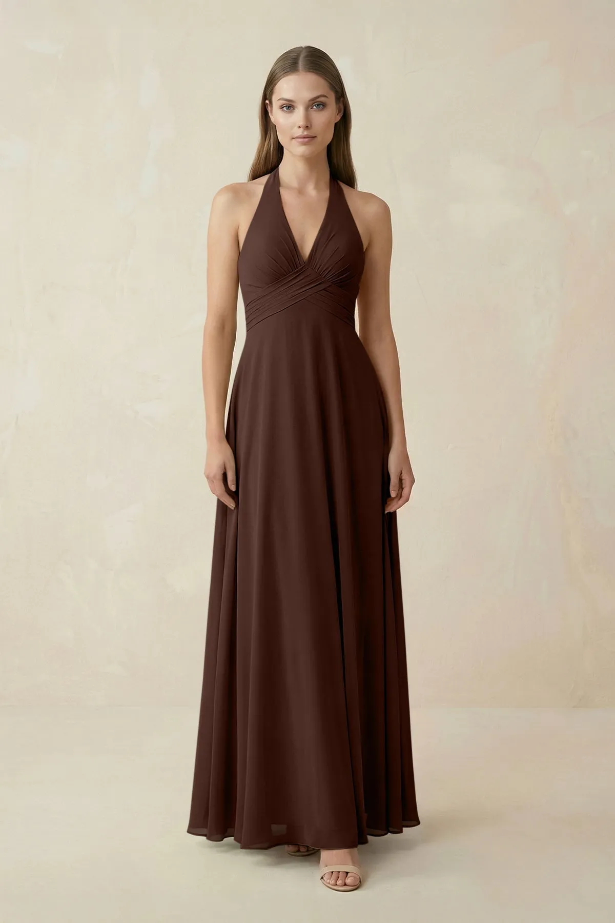 A-Line Pleated Chiffon V-Neck Bridesmaid Dress in Espresso sold by KissProm