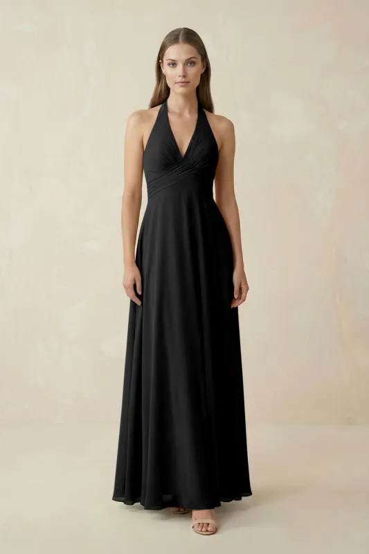 A-Line Pleated Chiffon V-Neck Bridesmaid Dress in Black made by KissProm