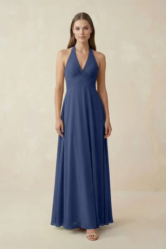 A-Line Pleated Chiffon V-Neck Bridesmaid Dress in Navy made by KissProm