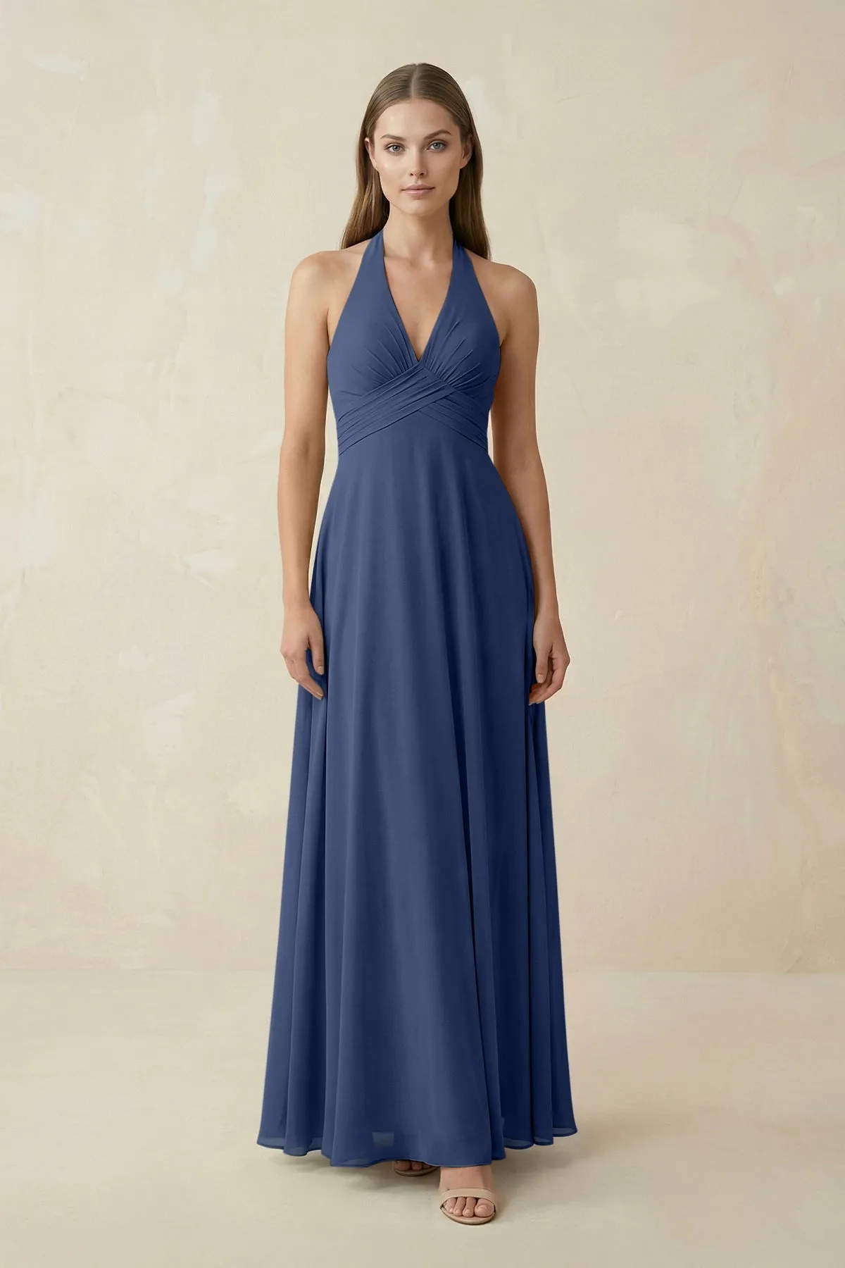 A-Line Pleated Chiffon V-Neck Bridesmaid Dress in Navy sold by KissProm