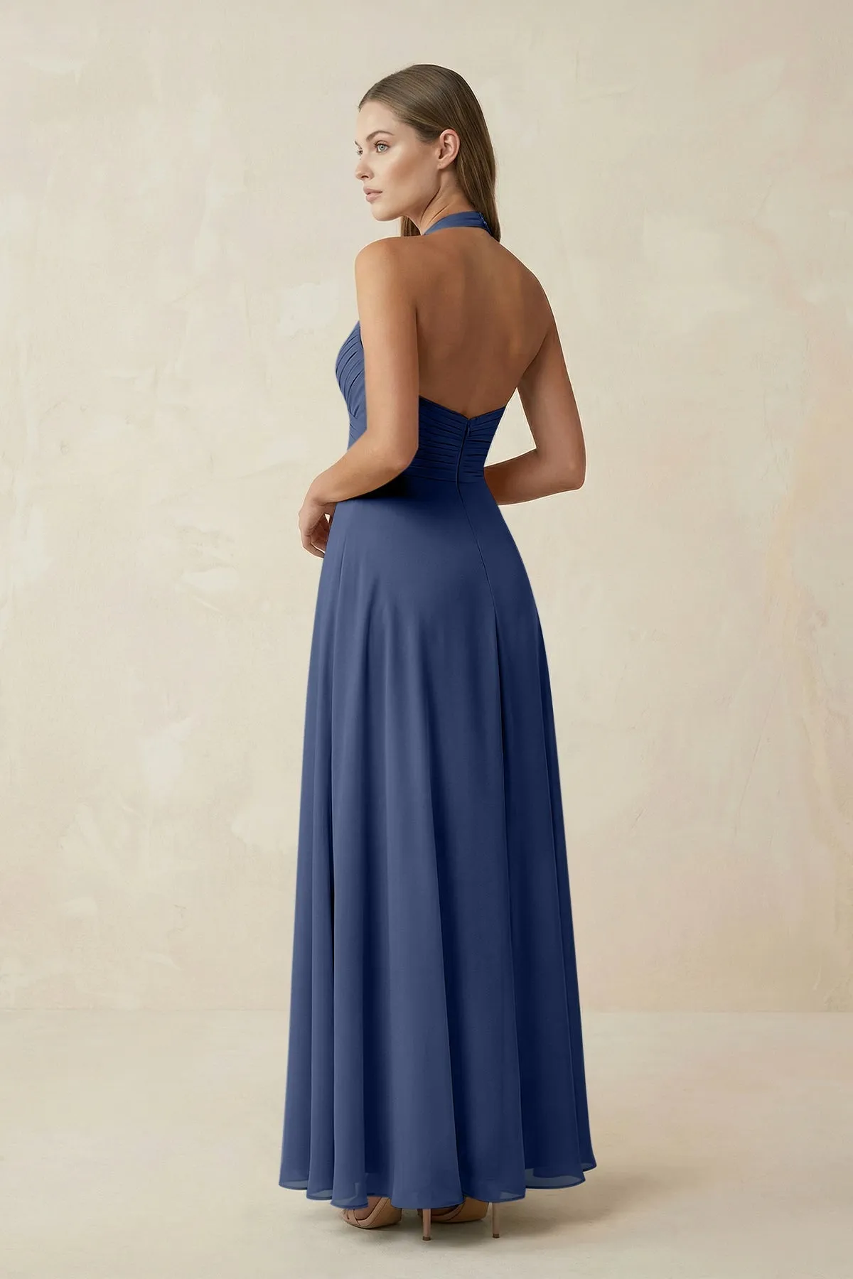 A-Line Pleated Chiffon V-Neck Bridesmaid Dress in Navy sold by KissProm product image thumbnail 2
