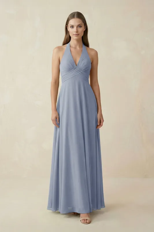 A-Line Pleated Chiffon V-Neck Bridesmaid Dress in Twilight made by KissProm