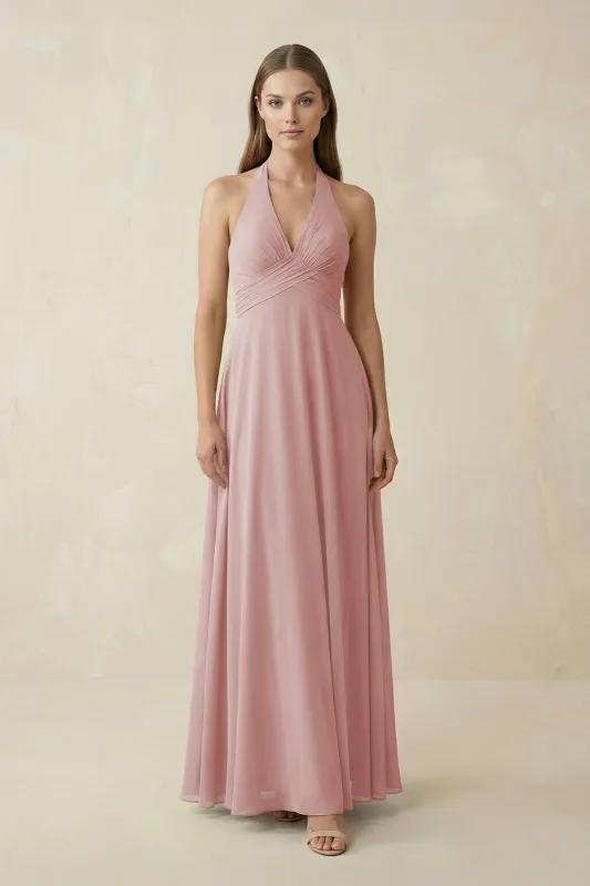 A-Line Pleated Chiffon V-Neck Bridesmaid Dress in Dusty Rose made by KissProm