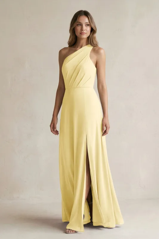 One-Shoulder Chiffon A-Line Bridesmaid Dress With Slit in Pastel Yellow made by KissProm