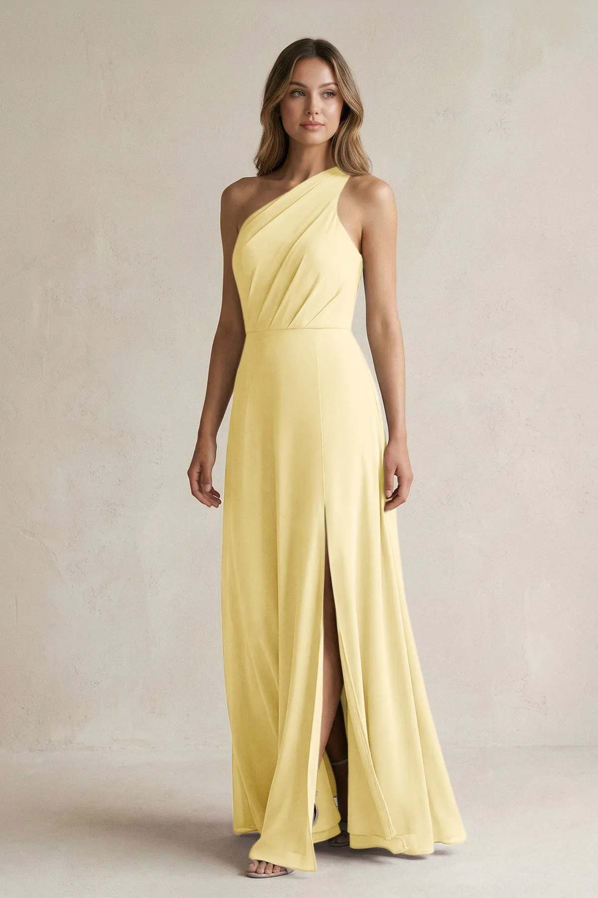 One-Shoulder Chiffon A-Line Bridesmaid Dress With Slit in Pastel Yellow sold by KissProm