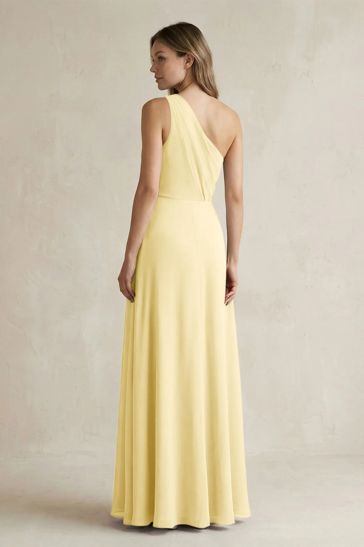 One-Shoulder Chiffon A-Line Bridesmaid Dress With Slit in Pastel Yellow sold by KissProm product image thumbnail 2