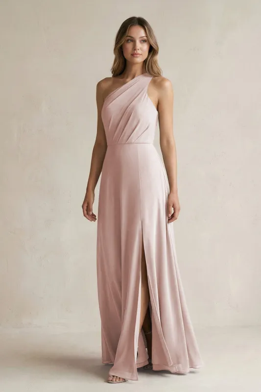One-Shoulder Chiffon A-Line Bridesmaid Dress With Slit in Toffee made by KissProm