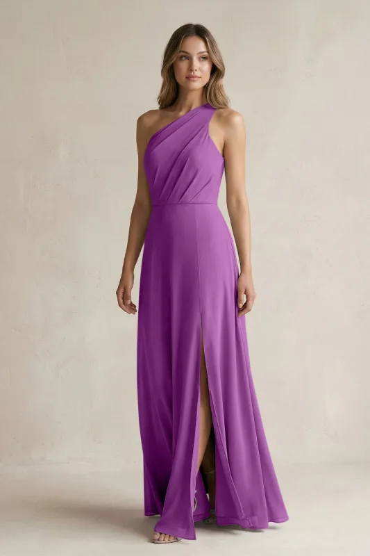 One-Shoulder Chiffon A-Line Bridesmaid Dress With Slit in Amethyst made by KissProm
