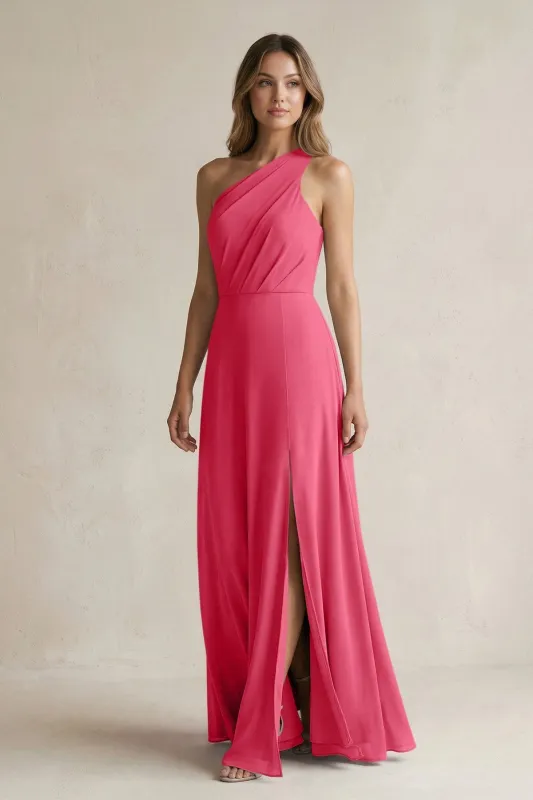 One-Shoulder Chiffon A-Line Bridesmaid Dress With Slit in Fuchsia made by KissProm