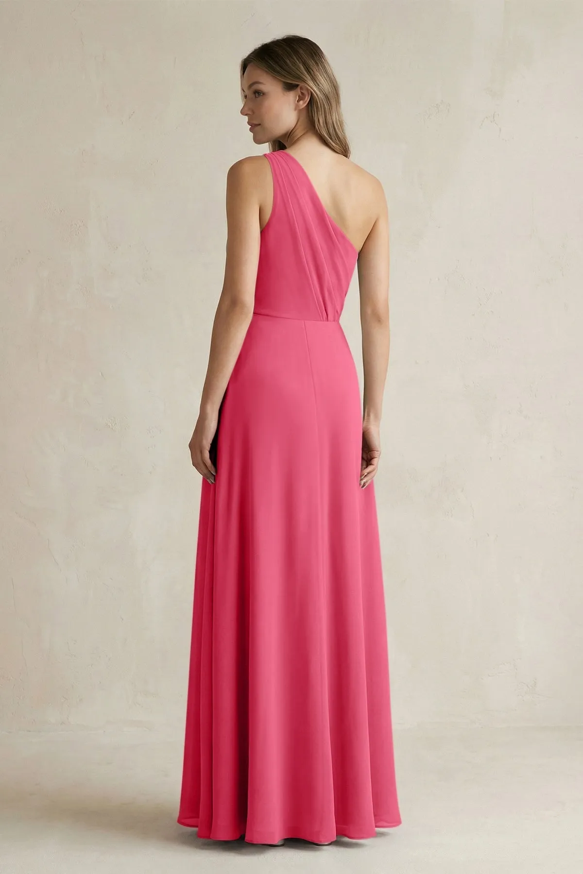 One-Shoulder Chiffon A-Line Bridesmaid Dress With Slit in Fuchsia sold by KissProm product image thumbnail 2