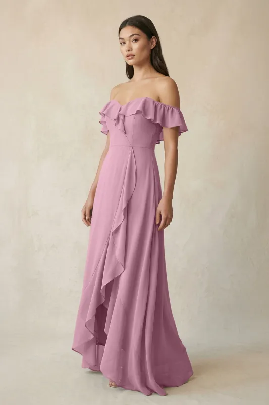 Ruffled Off-the-Shoulder A-Line Chiffon Bridesmaid Dress in Vintage Mauve made by KissProm