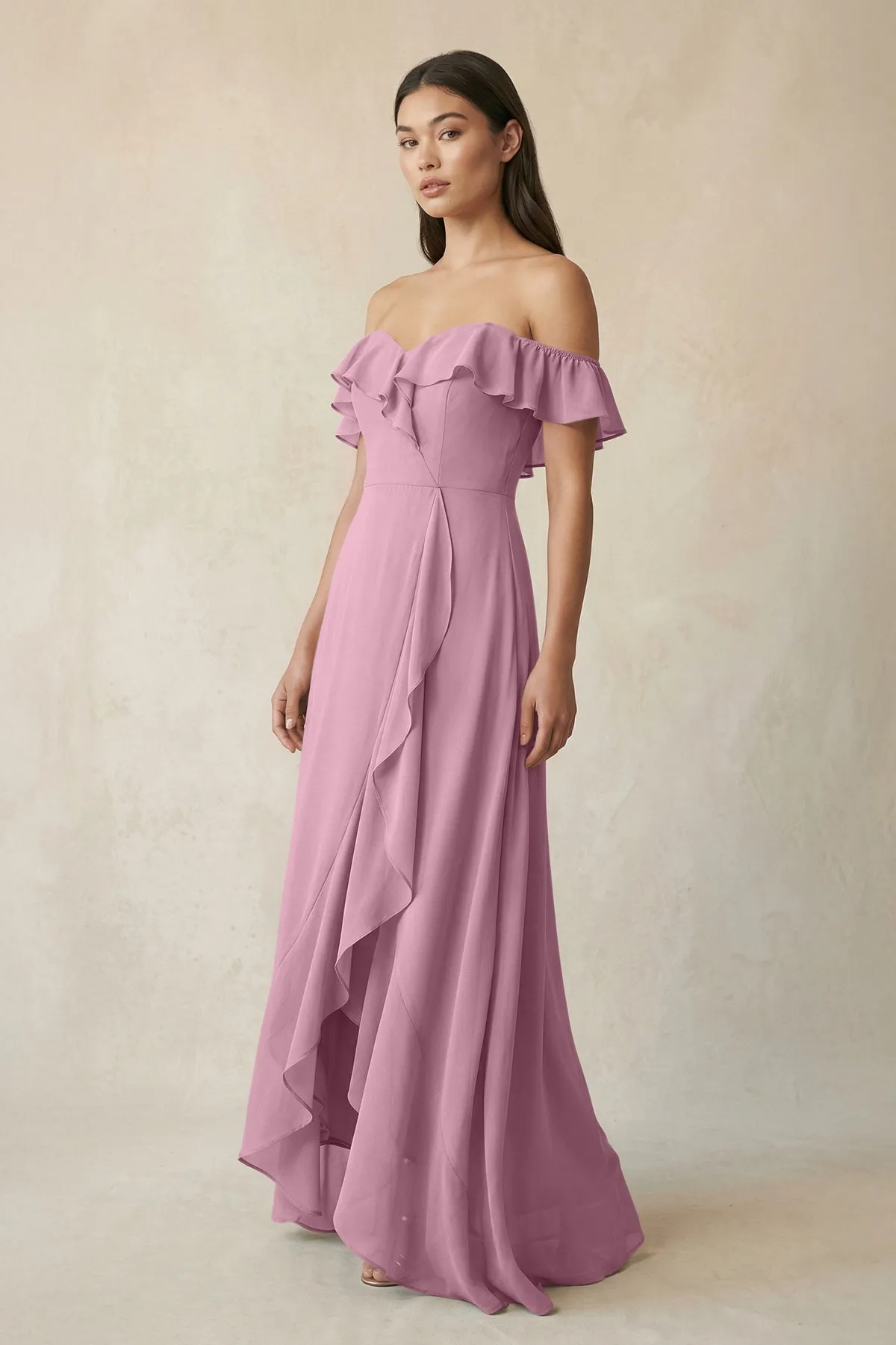 Ruffled Off-the-Shoulder A-Line Chiffon Bridesmaid Dress in Vintage Mauve sold by KissProm