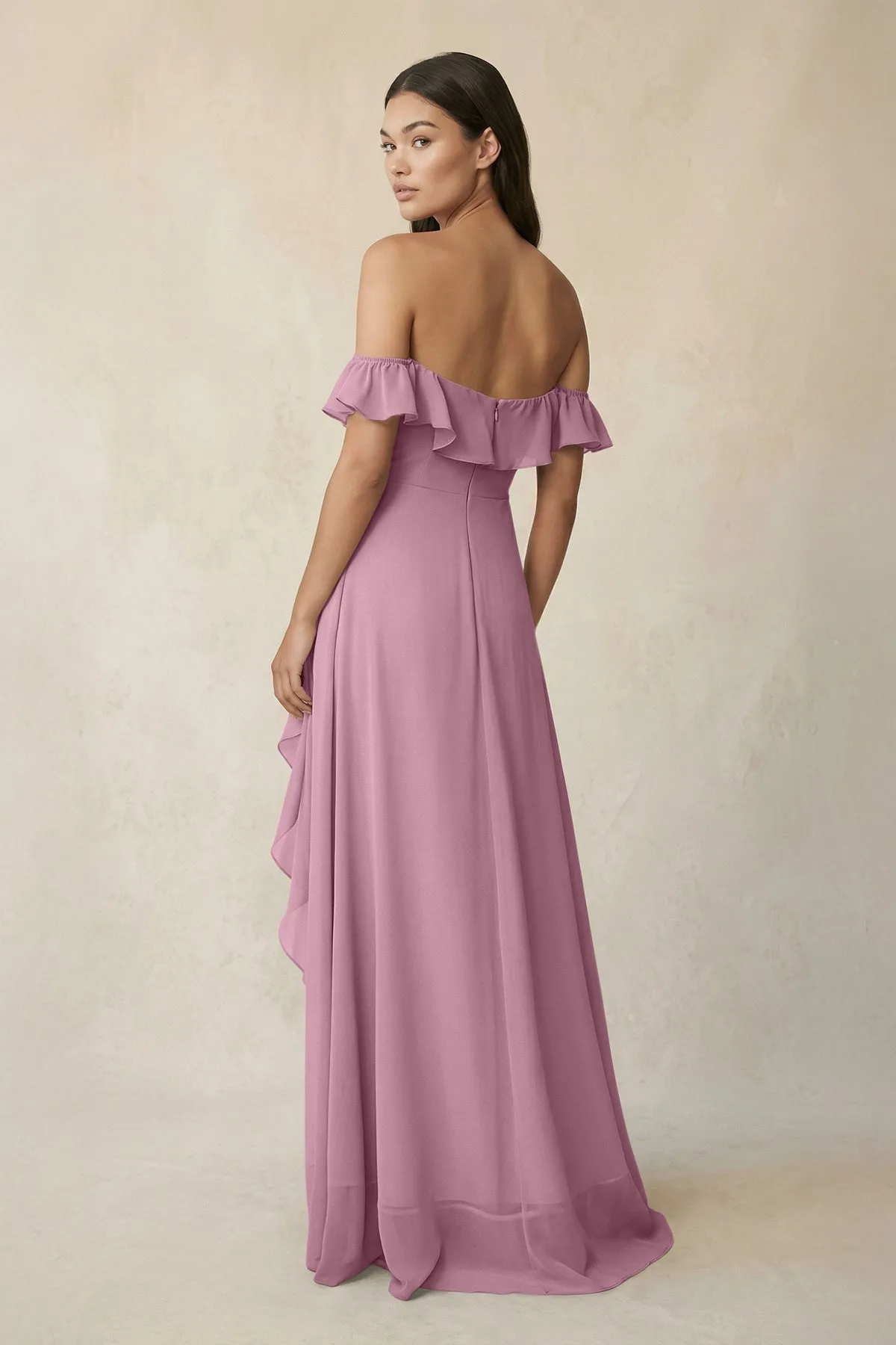 Ruffled Off-the-Shoulder A-Line Chiffon Bridesmaid Dress in Vintage Mauve sold by KissProm product image thumbnail 2