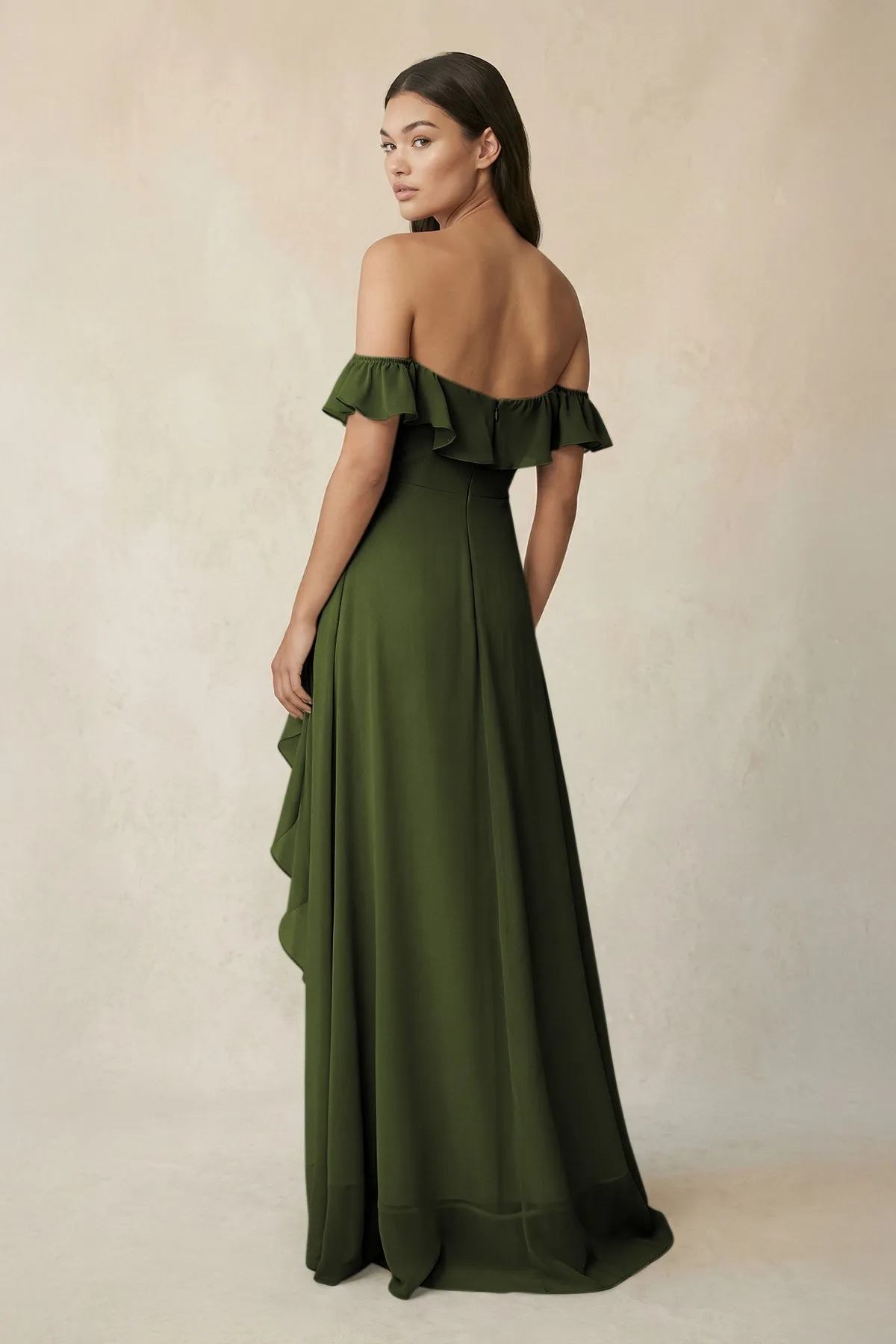 Ruffled Off-the-Shoulder A-Line Chiffon Bridesmaid Dress in Olive sold by KissProm product image thumbnail 2