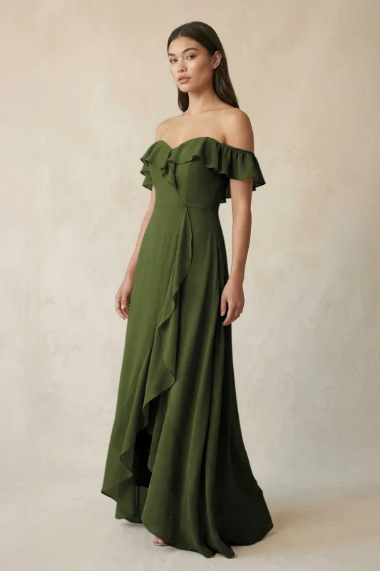 Ruffled Off-the-Shoulder A-Line Chiffon Bridesmaid Dress in Olive made by KissProm