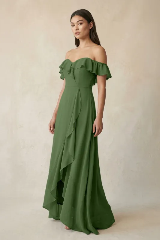 Ruffled Off-the-Shoulder A-Line Chiffon Bridesmaid Dress in Moss made by KissProm