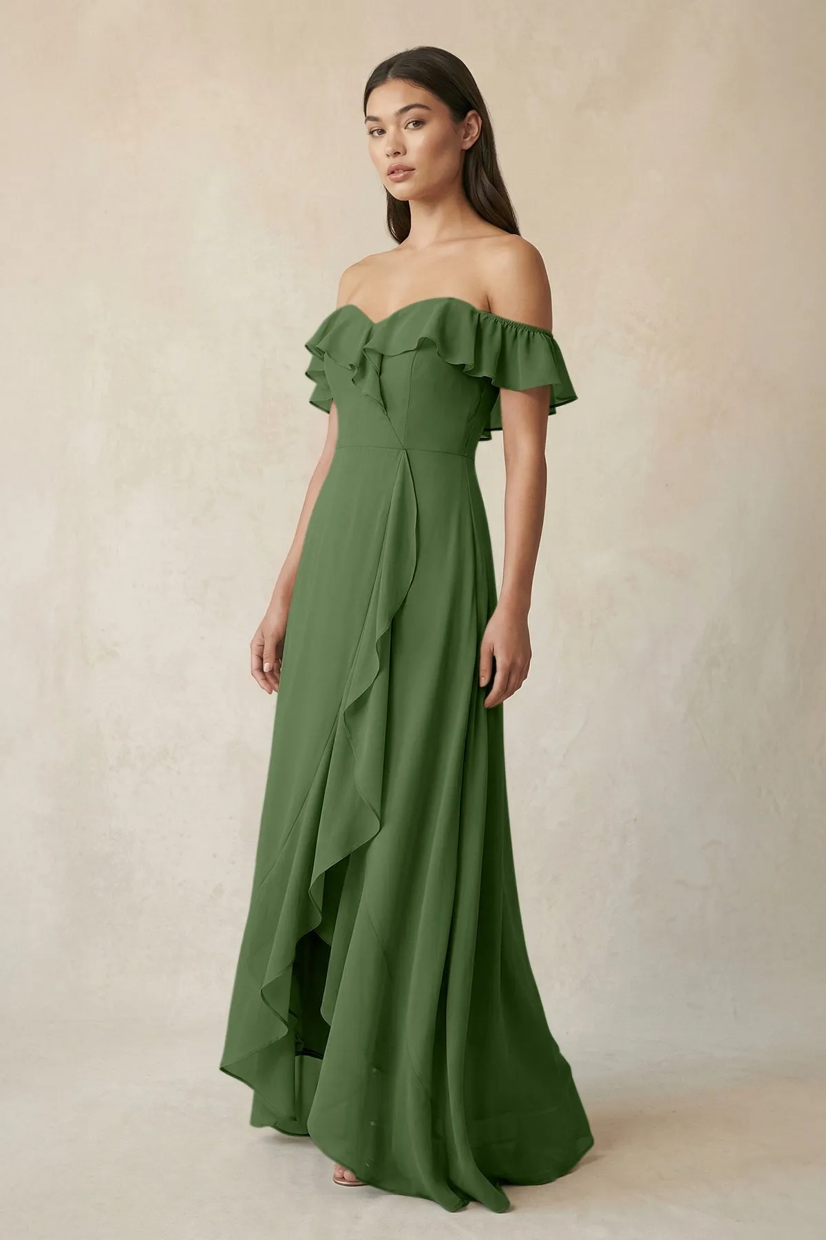 Ruffled Off-the-Shoulder A-Line Chiffon Bridesmaid Dress in Moss sold by KissProm