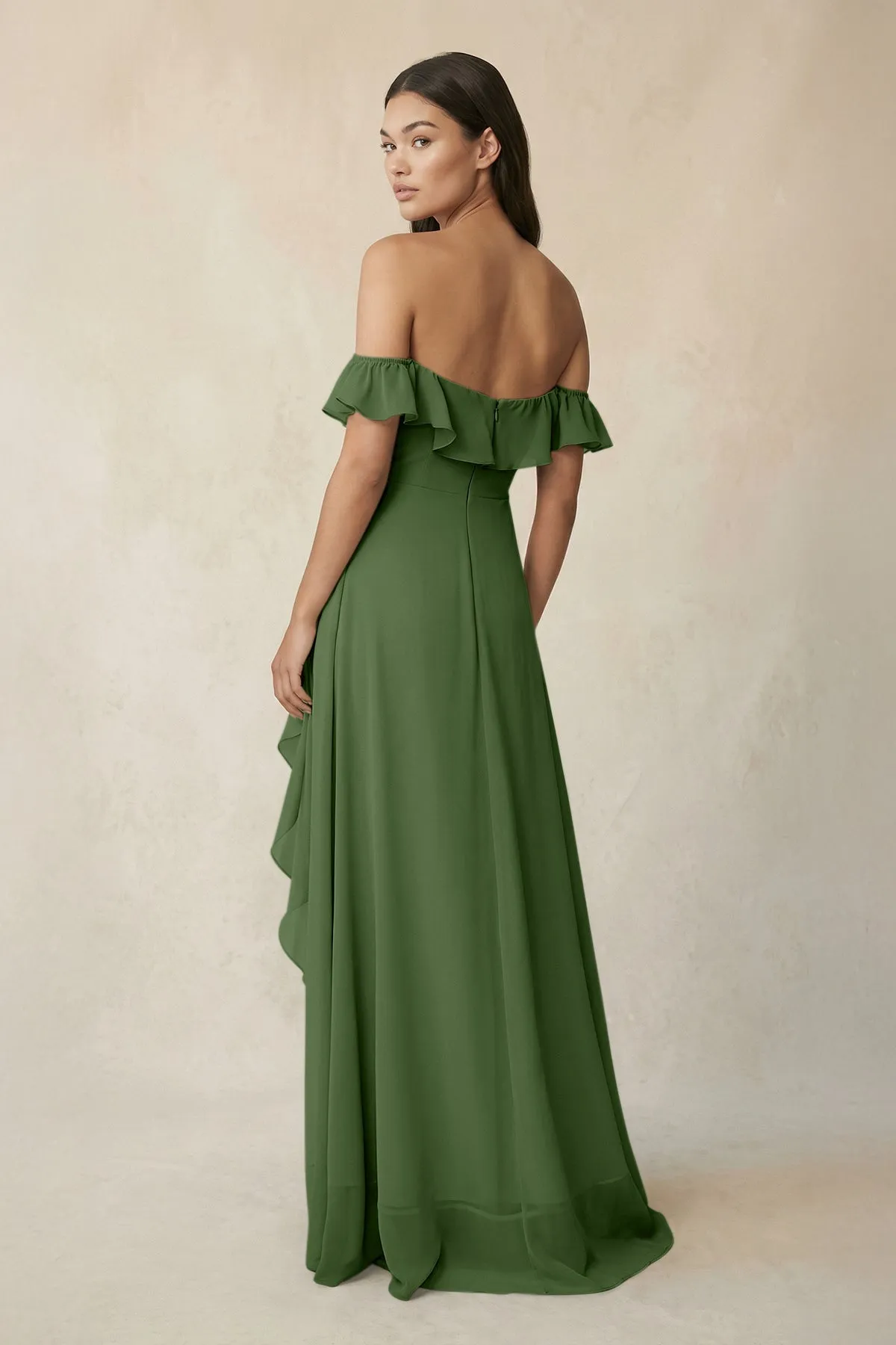 Ruffled Off-the-Shoulder A-Line Chiffon Bridesmaid Dress in Moss sold by KissProm product image thumbnail 2
