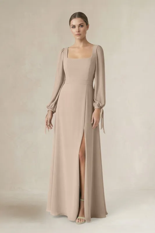 Square Neck Long Sleeve A-Line Chiffon Bridesmaid Dress in Almond made by KissProm