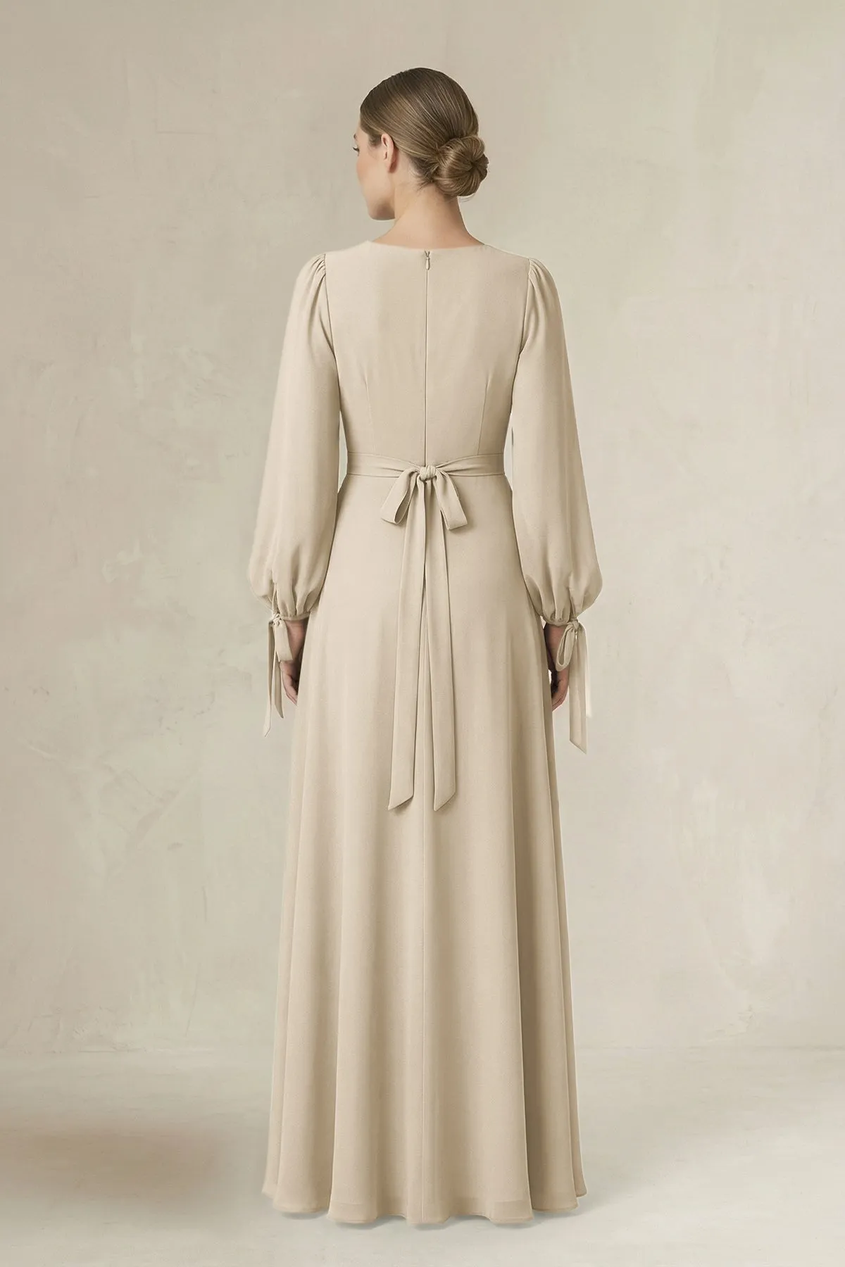 Square Neck Long Sleeve A-Line Chiffon Bridesmaid Dress in Champagne sold by KissProm product image thumbnail 2