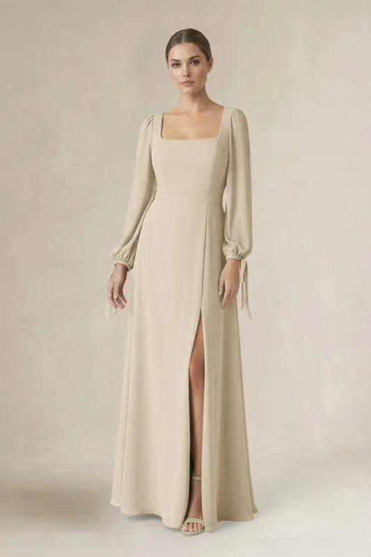 Square Neck Long Sleeve A-Line Chiffon Bridesmaid Dress in Champagne made by KissProm