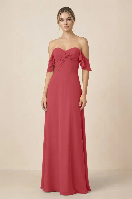Off-the-Shoulder A-Line Chiffon Ruched Bridesmaid Dress in Merlot made by KissProm