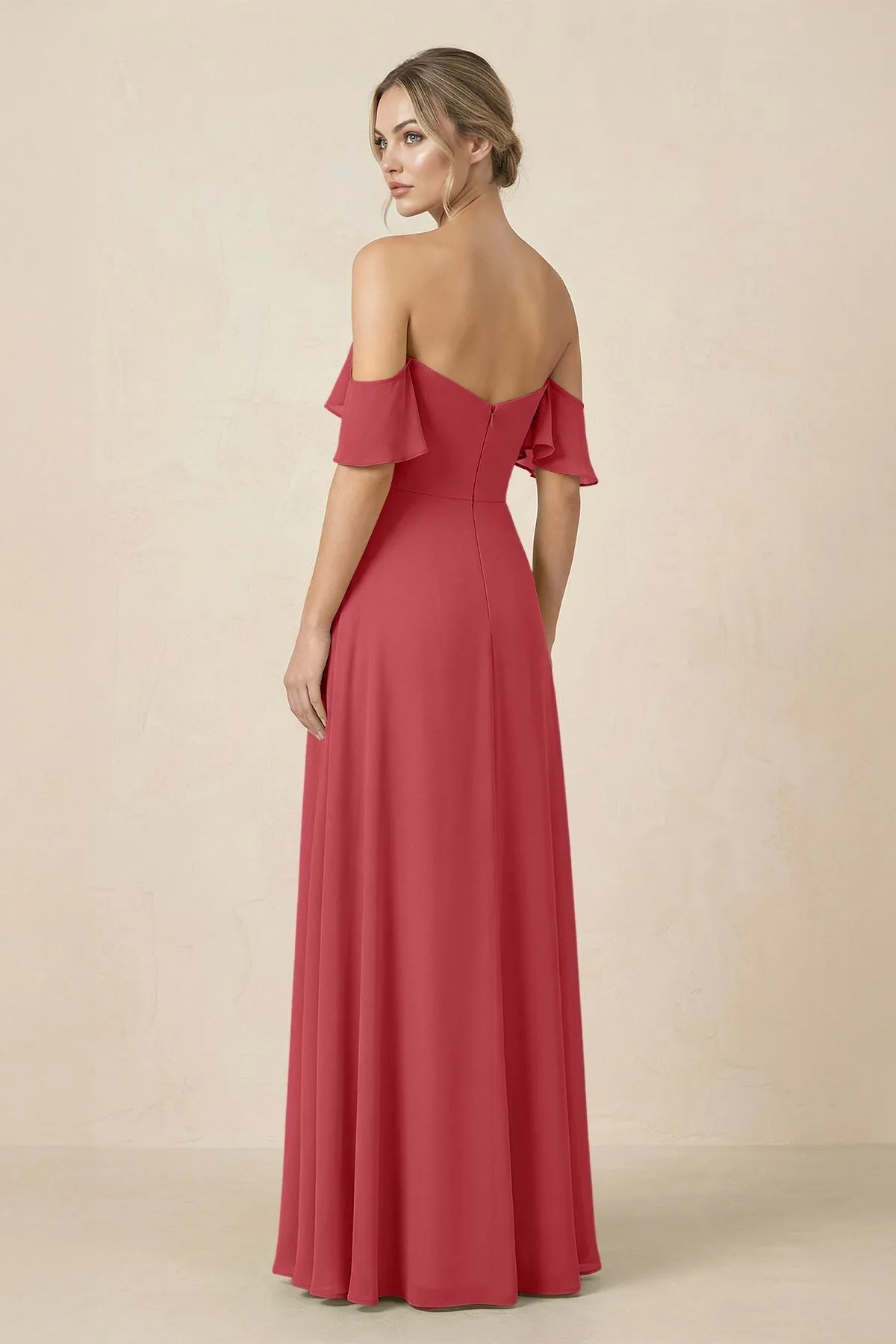Off-the-Shoulder A-Line Chiffon Ruched Bridesmaid Dress in Merlot sold by KissProm product image thumbnail 2
