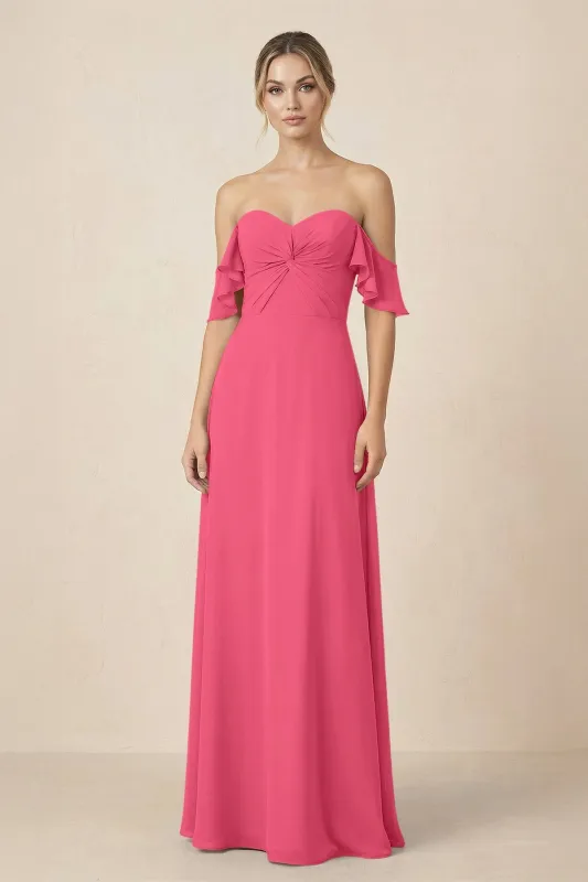 Off-the-Shoulder A-Line Chiffon Ruched Bridesmaid Dress in Fuchsia made by KissProm