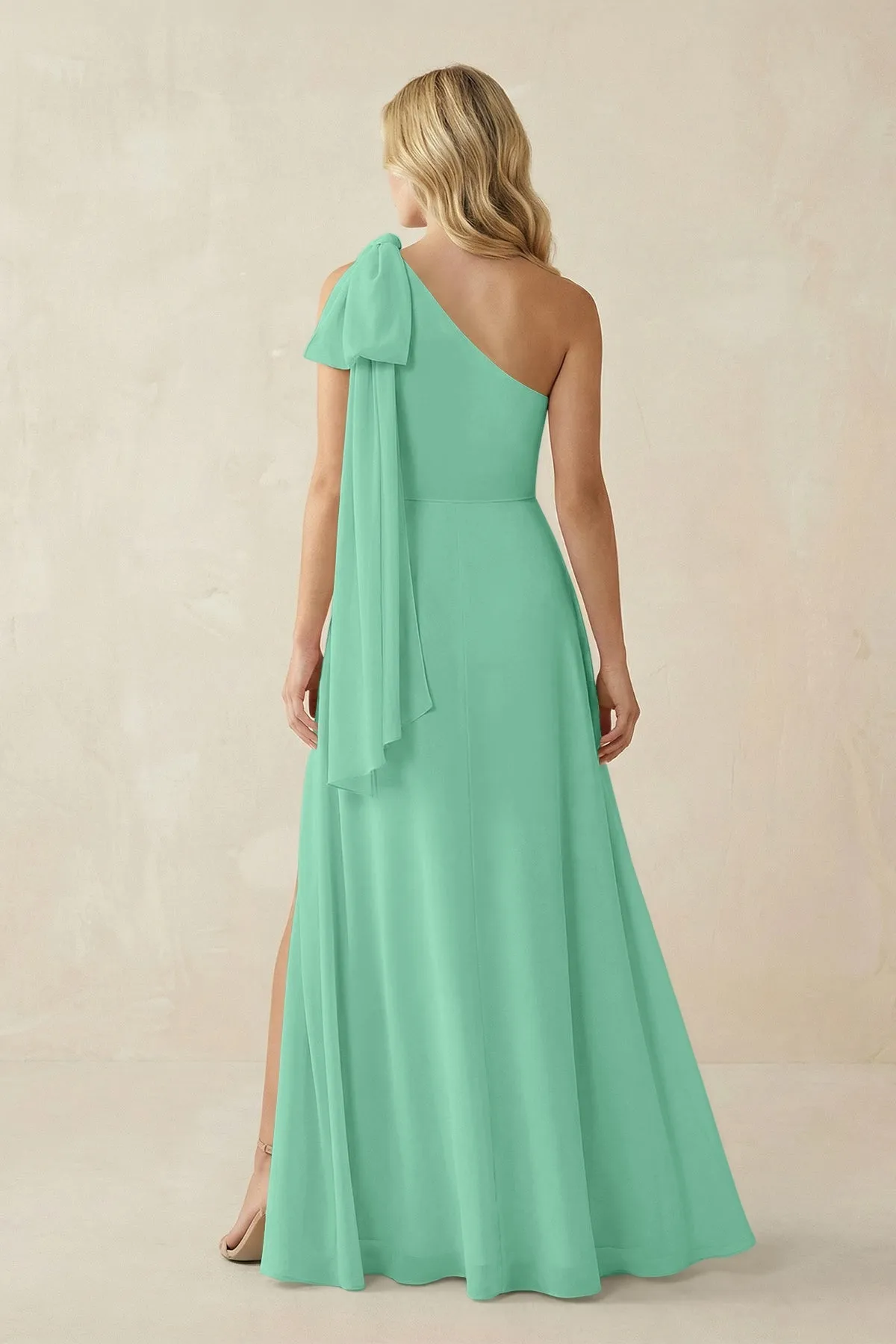 Ruffled One Shoulder Chiffon Bridesmaid Dress With Slit in Turquoise sold by KissProm product image thumbnail 2