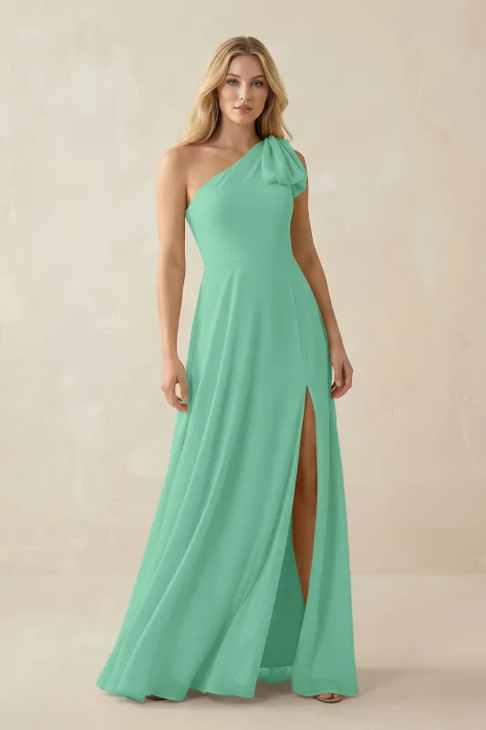 Ruffled One Shoulder Chiffon Bridesmaid Dress With Slit in Turquoise made by KissProm