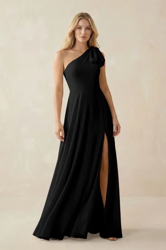 Ruffled One Shoulder Chiffon Bridesmaid Dress With Slit in Black made by KissProm