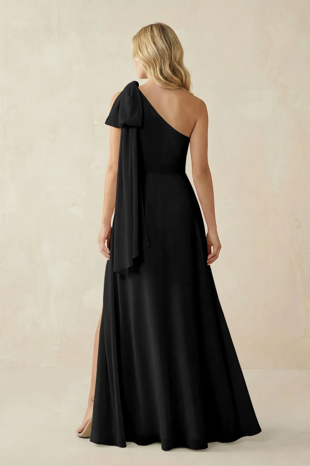 Ruffled One Shoulder Chiffon Bridesmaid Dress With Slit in Black sold by KissProm product image thumbnail 2