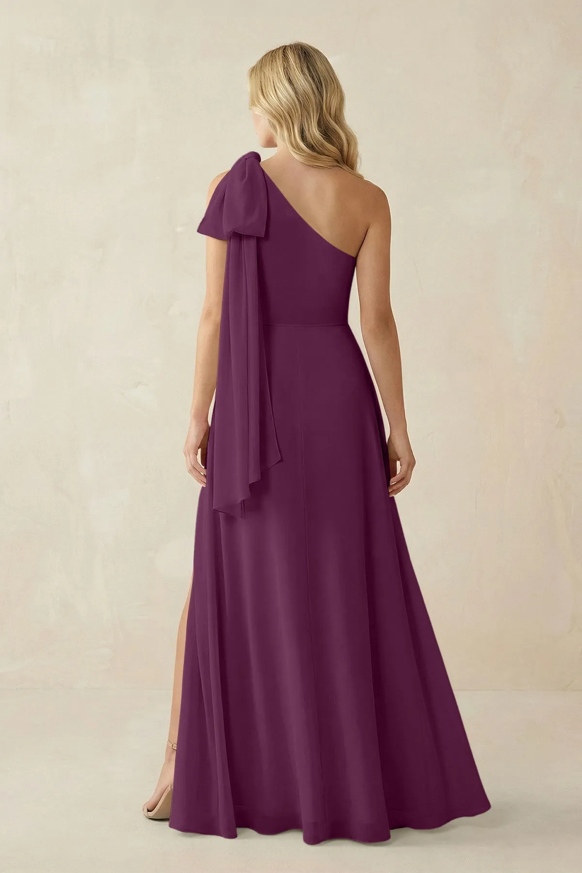 Ruffled One Shoulder Chiffon Bridesmaid Dress With Slit in Fig sold by KissProm product image thumbnail 2