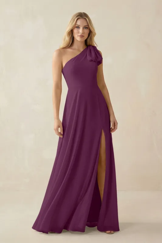 Ruffled One Shoulder Chiffon Bridesmaid Dress With Slit in Fig made by KissProm