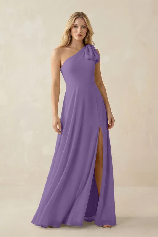 Ruffled One Shoulder Chiffon Bridesmaid Dress With Slit in Tahiti made by KissProm