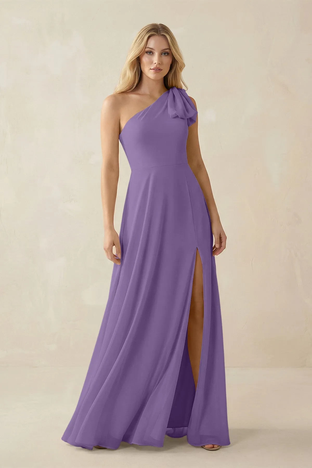 Ruffled One Shoulder Chiffon Bridesmaid Dress With Slit in Tahiti sold by KissProm
