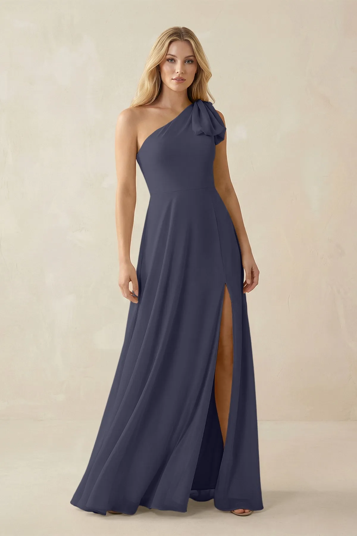 Ruffled One Shoulder Chiffon Bridesmaid Dress With Slit in Dusk Blue sold by KissProm