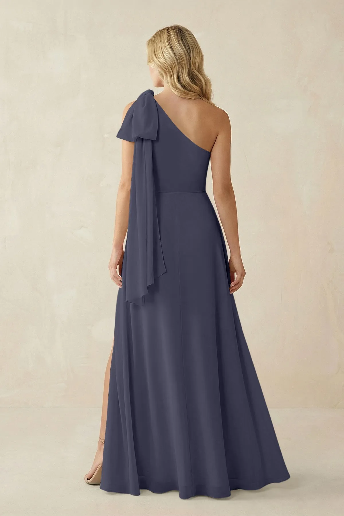 Ruffled One Shoulder Chiffon Bridesmaid Dress With Slit in Dusk Blue sold by KissProm product image thumbnail 2