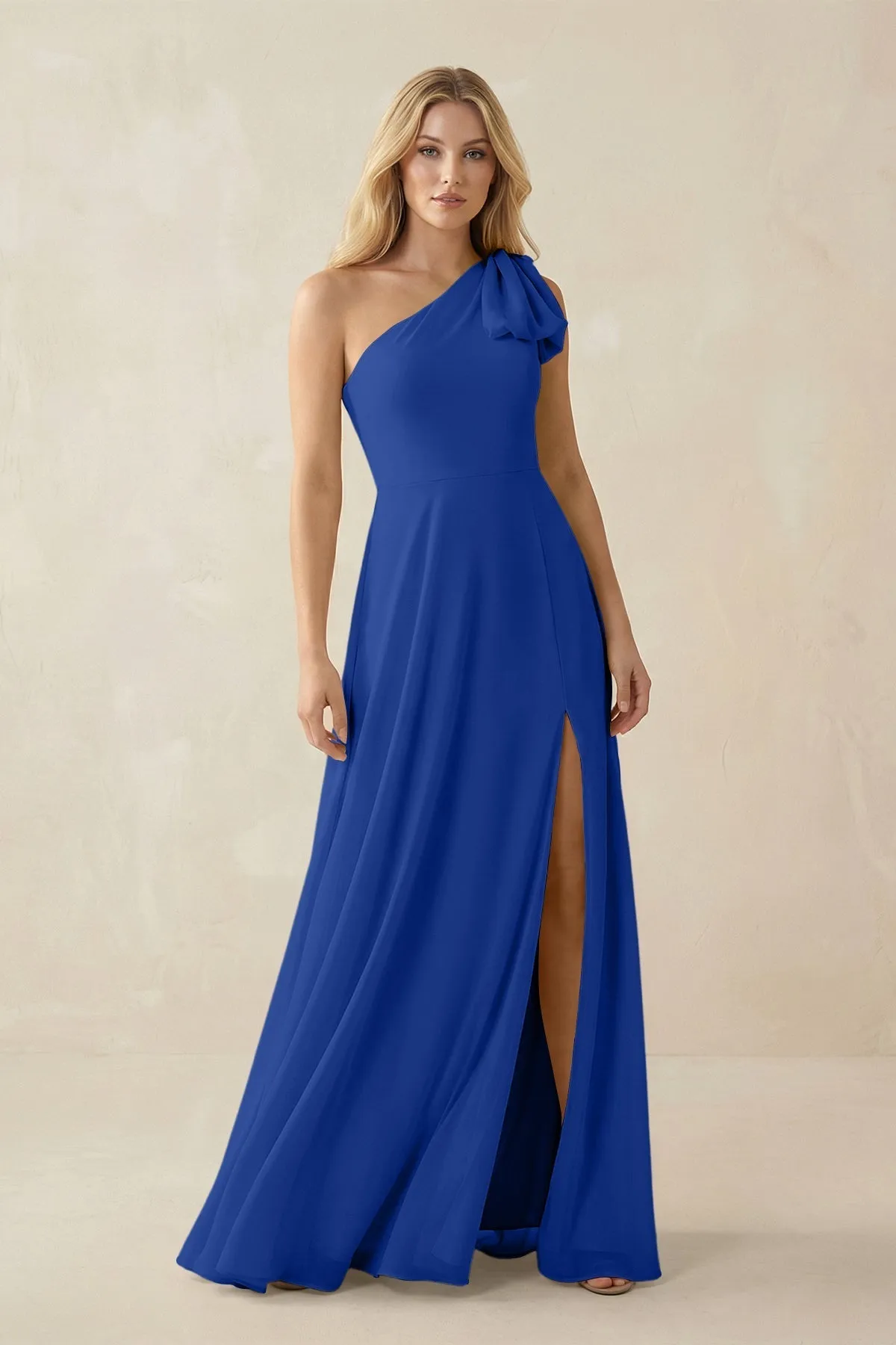 Ruffled One Shoulder Chiffon Bridesmaid Dress With Slit in Royal Blue sold by KissProm