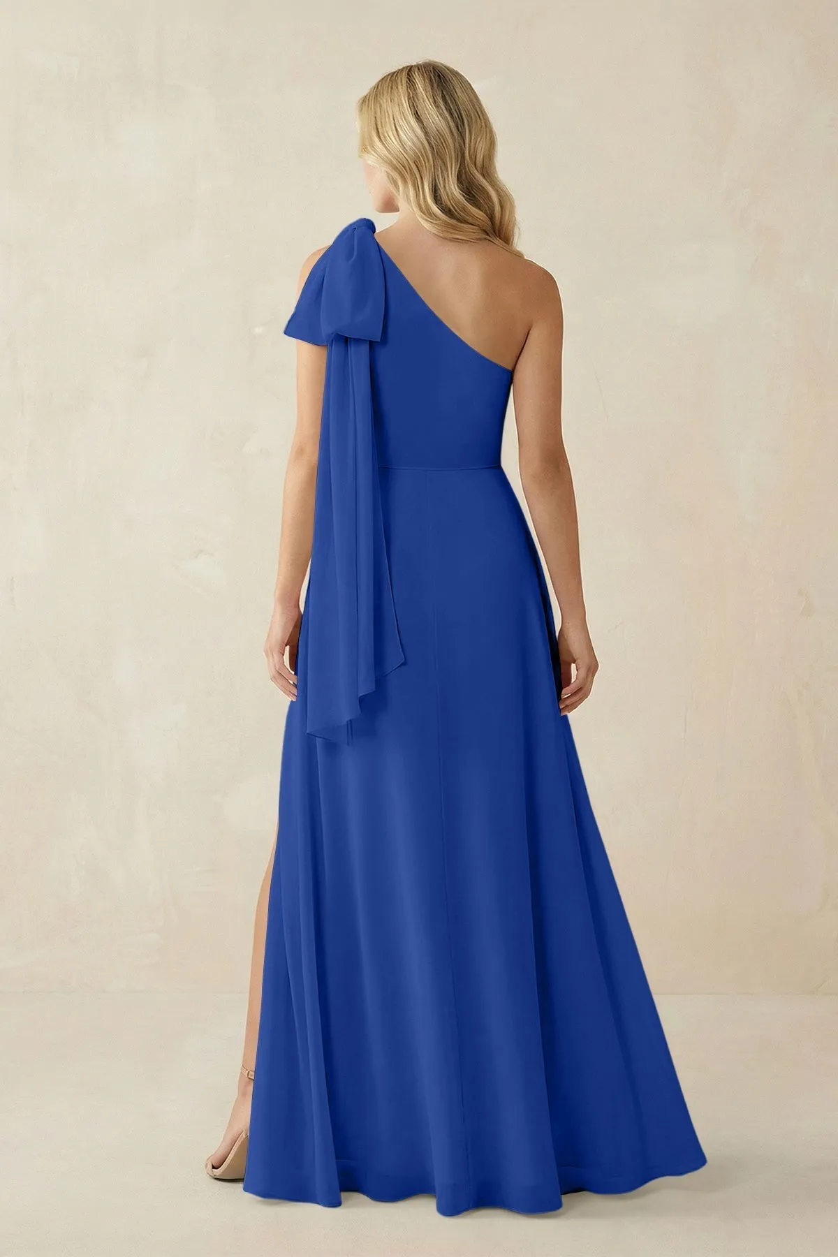 Ruffled One Shoulder Chiffon Bridesmaid Dress With Slit in Royal Blue sold by KissProm product image thumbnail 2