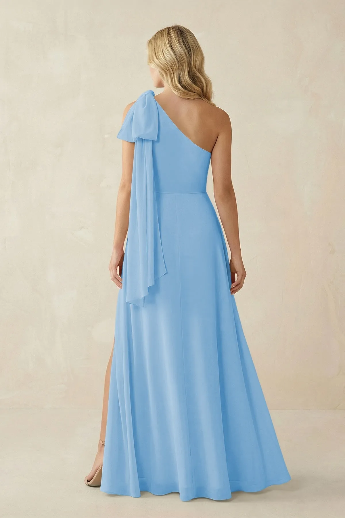 Ruffled One Shoulder Chiffon Bridesmaid Dress With Slit in Steel Blue sold by KissProm product image thumbnail 2