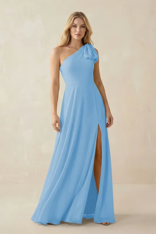 Ruffled One Shoulder Chiffon Bridesmaid Dress With Slit in Steel Blue made by KissProm