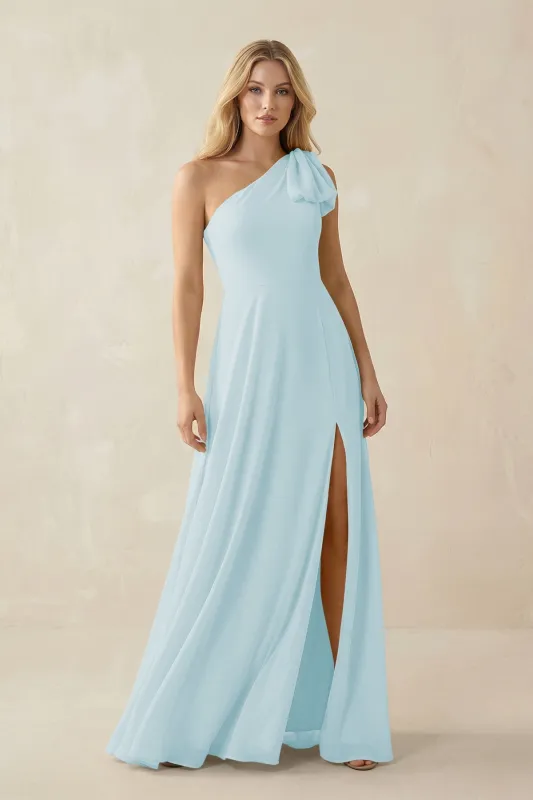 Ruffled One Shoulder Chiffon Bridesmaid Dress With Slit in Sky Blue made by KissProm